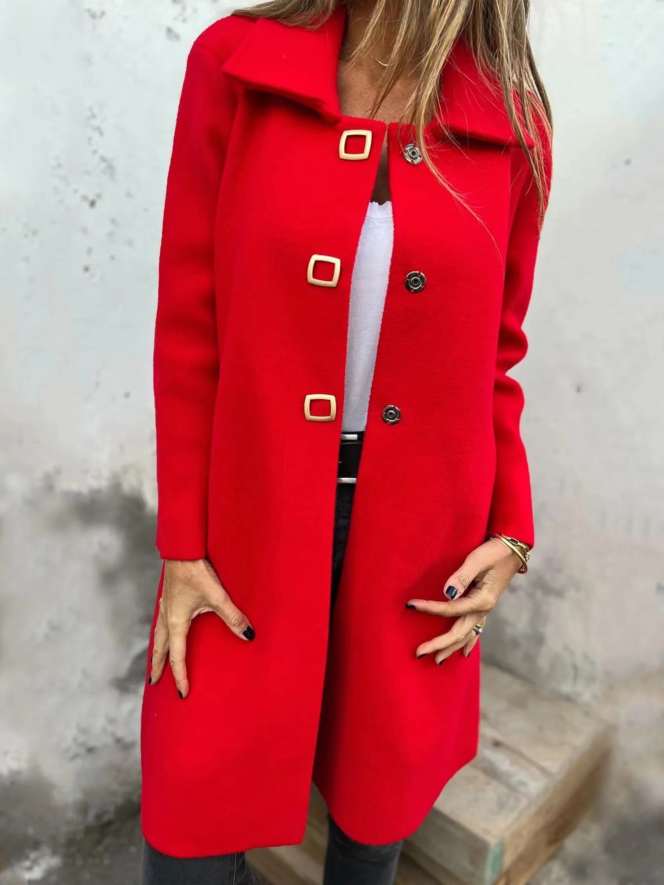 Women's Solid-color Mid-length Wool Coat With A Single-breasted Design