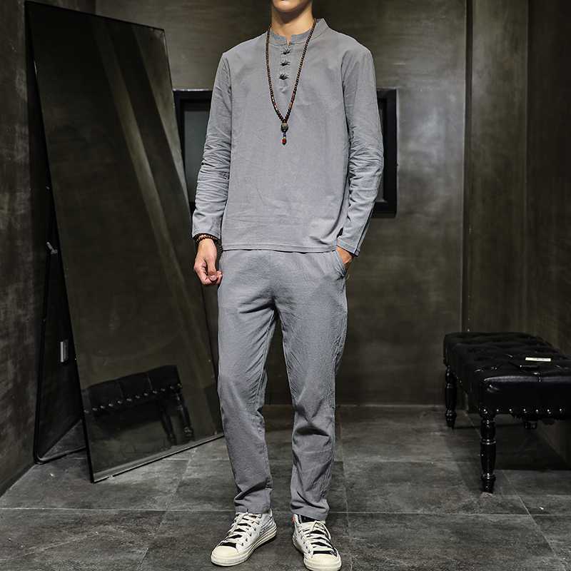 Men's Spring Cotton-Linen Long-Sleeve Top And Pants Set In Tang Suit Style