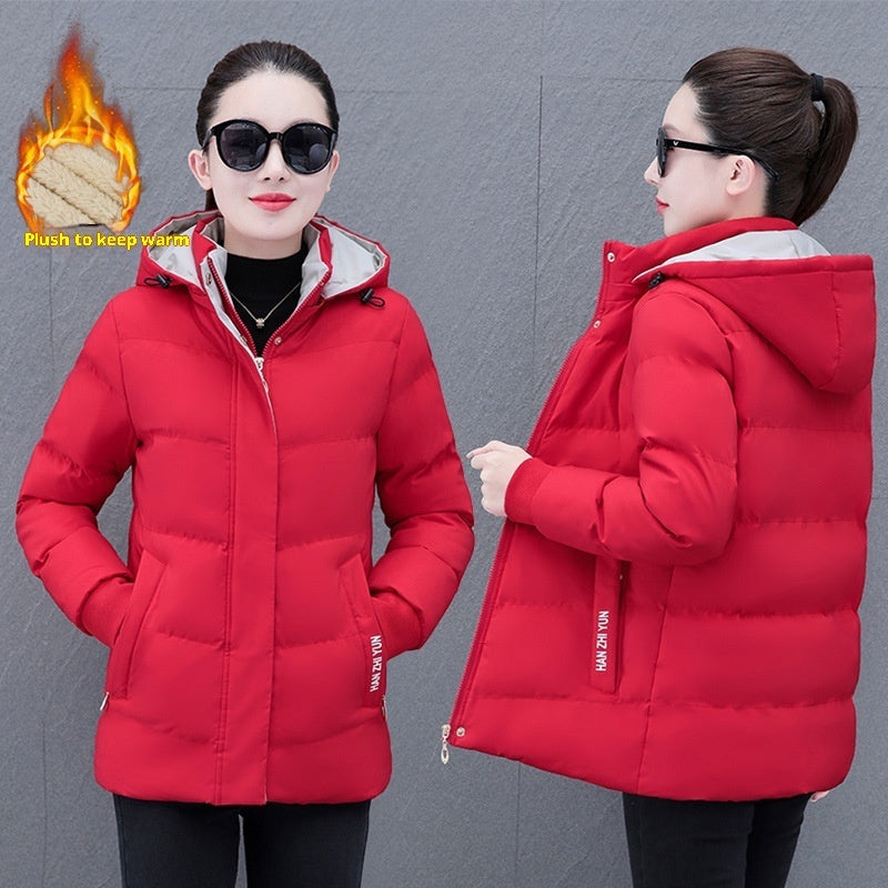 Winter Fleece-lined Thick Middle-aged Mom's Lamb Fleece Hooded Down Cotton Coat For Women