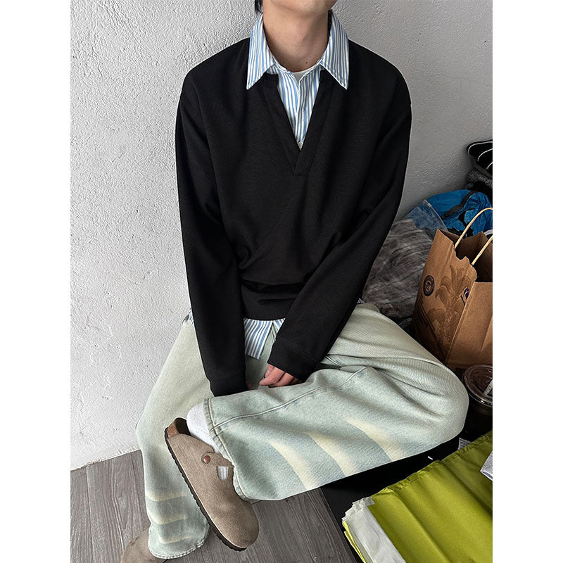 American Retro Loose False Two Pieces Long Sleeve Shirt