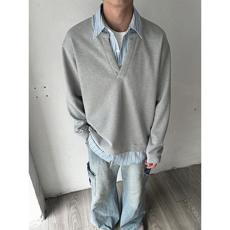 American Retro Loose False Two Pieces Long Sleeve Shirt